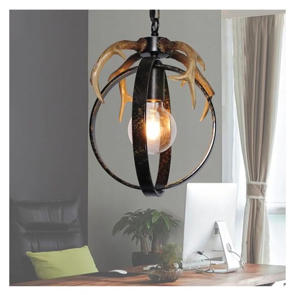 Rustic Antler Horn Pendant Light Fixture 1-Light Farmhouse Chandelier - Picture 1 of 5
